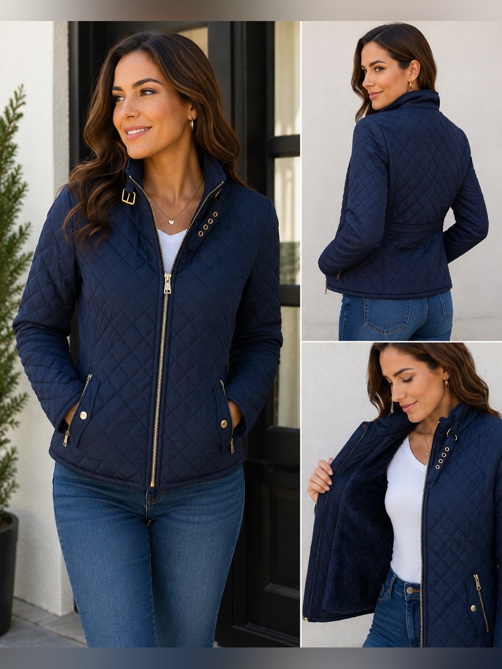 Quilted Navy Zip-Up Puffer Jacket with Stand Collar